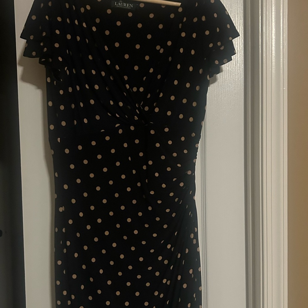 Ralph Lauren Navy Blue and Tan Polka Dot Midi Dress